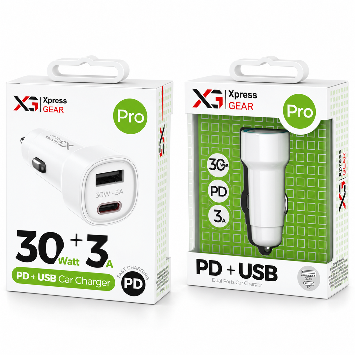 935: XG PRO 30W PD + 3A USB Car Charger — illustrative 3D-style product rendering