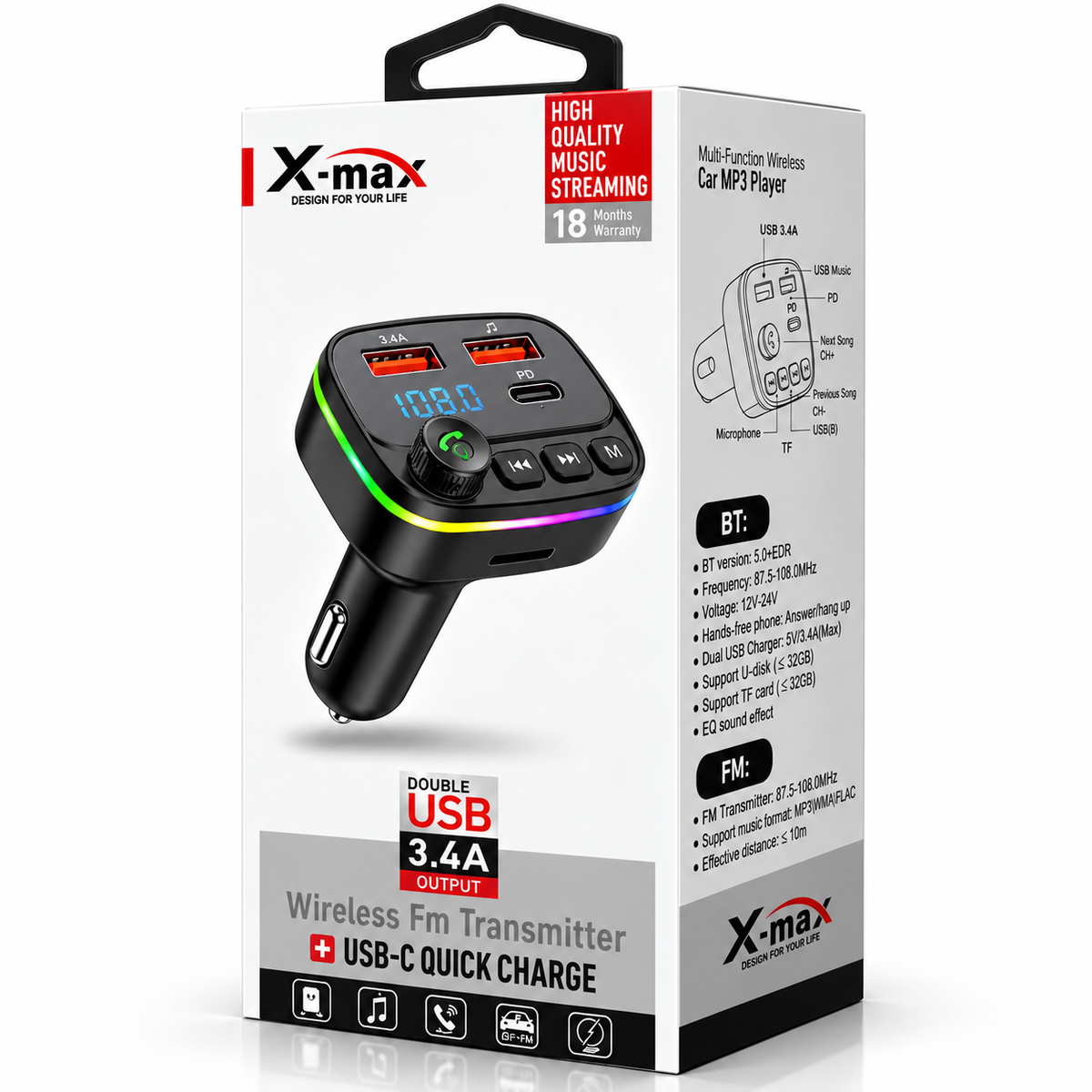 FM CAR TRANSMITTER WITH TYPE C CHARGING PORT — illustrative 3D-style product rendering
