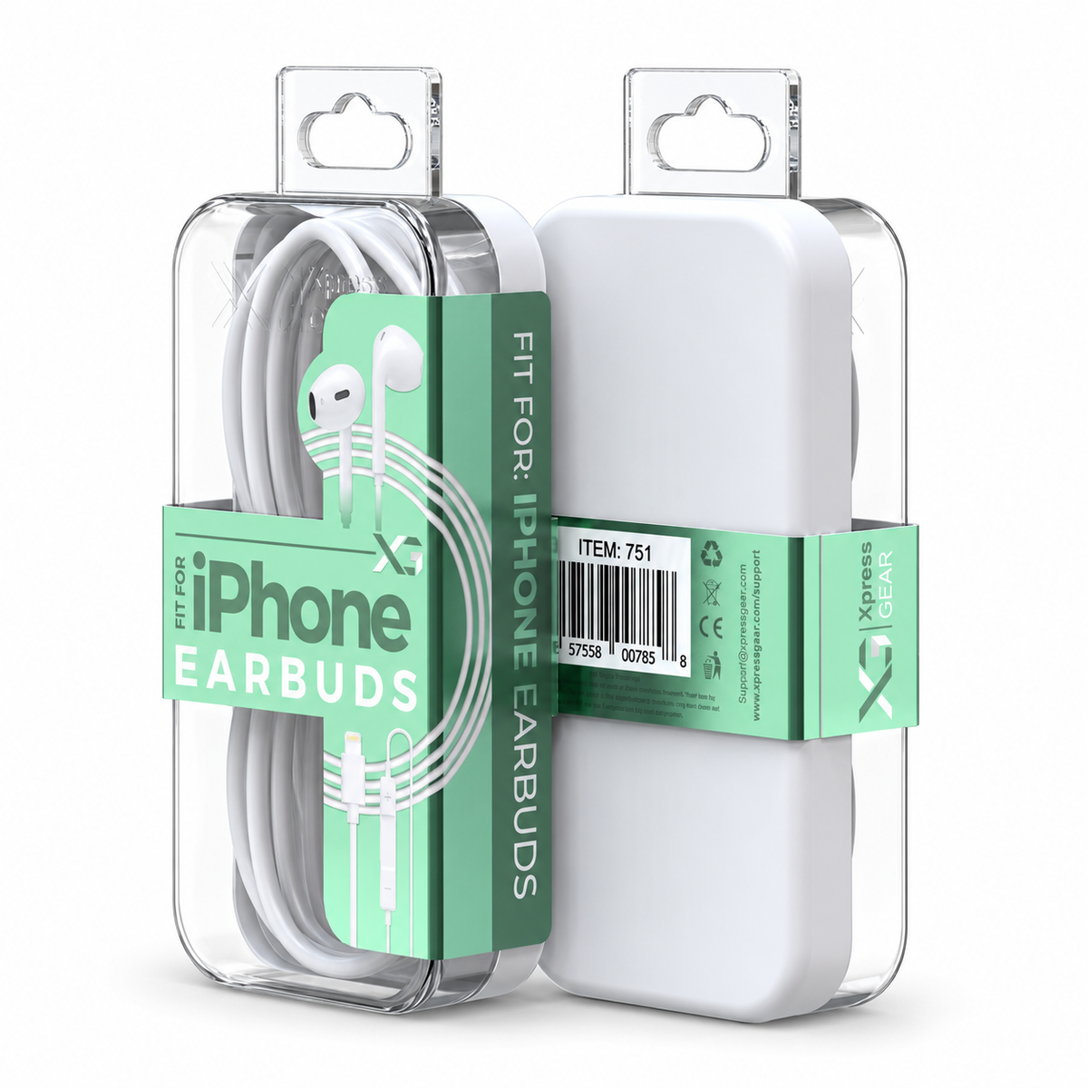 751: XG Mini iPhone Earphones — illustrative 3D-style product rendering