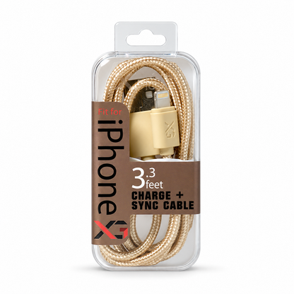 P402: XG P-Series iPhone Nylon Braided Gold Cable — illustrative 3D-style product rendering