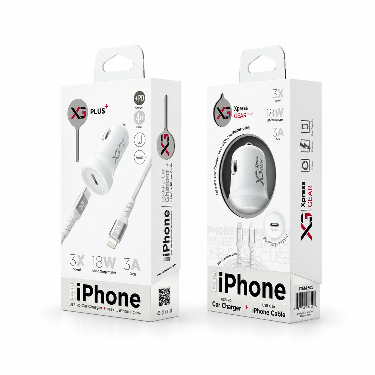 801: XG PD iPhone Car Charger — illustrative 3D-style product rendering