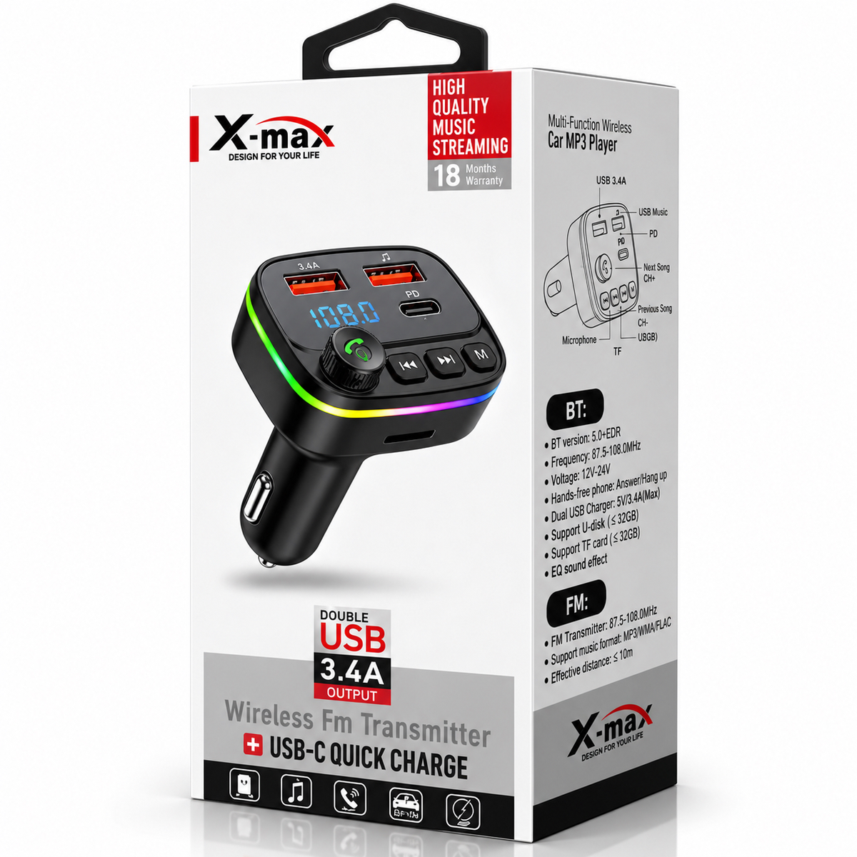 FM CAR TRANSMITTER WITH TYPE C CHARGING PORT